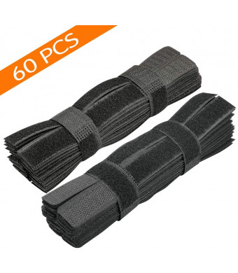 60PCS Reusable Cable Ties, Travel Wire and Cord Straps Organizer, Under Desk Cable Management for Computer/PC/Laptop/TV/Electronics, Black Nylon and 7 Inches in Length