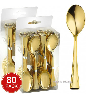 Majestic Settings Mini Collection Disposable Plastic Mini Spoons, Gold Plastic Tasting Spoons, 80 Count, 4 inch Spoons, Great for Desserts, Sampling, or Appetizers