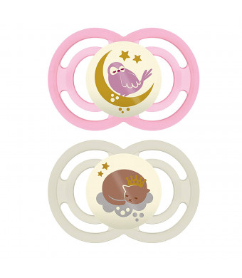 MAM Perfect Night Pacifiers, Glow in the Dark Pacifiers (2 pack, 1 Sterilizing Pacifier Case), MAM Pacifiers 16 Plus Months, Baby Girl Pacifier, Designs May Vary