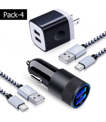 3.4A Dual Port USB Car Phone Charger, 2.1A Wall Charger Block, 2Pcs 6ft USB Type C Charging Cable with Wall Plug Compatible Samsung Galaxy S20 S10e S9 S8 A50 A30s Note 10+ 9 8, Google Pixel 4 3a 3 XL