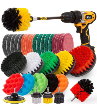 Holikme 37Piece Drill Brush Attachments Set,Scrub Pads and Sponge, Power Scrubber Brush with Extend Long Attachment All purpose Clean for Grout, Tiles, Sinks, Bathtub, Bathroom, Kitchen,Yellow and black