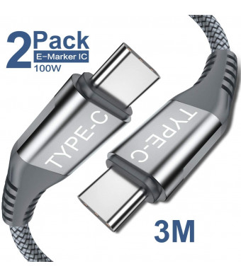 USB C to USB C 100W Cable [ 2Pack 10ft],Sweguard 5A USB Type-C Fast Charger Nylon Braided Cord Compatible with MacBook Pro,MacBook Air/iPad Pro 2018,Samsung Galaxy S8 S9 Plus Note 10,Pixel 3 XL (Grey)