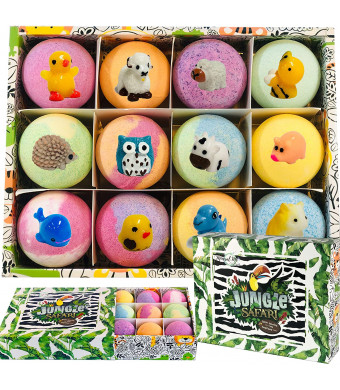 Bath Bombs for Kids with Surprise Inside - Set of 12 Organic Bubble Bath Fizzies with Jungle Animal Toys. Gentle and Kids Safe Spa Bath Fizz Balls Kit. Birthday or Christmas Gift for Girls and Boys