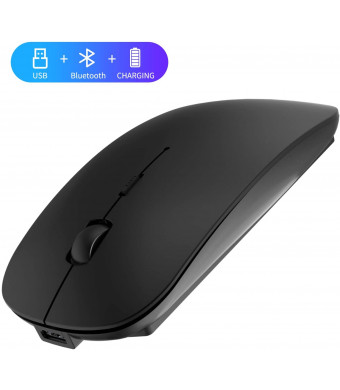 2.4GHz Wireless Bluetooth Mouse, 3 Adjustable DPI, Dual Mode Slim Rechargeable Wireless Mouse Silent USB Mice,Compatible for Laptop Windows Mac Android MAC PC Computer (Black)