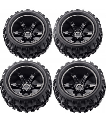 RC Tires Wheels 1/8 Scale Monster Truck Buggy Tires 4 PCS 17mm Hex PreGlued Rim and Tires for Racing RC Off-Road On-Road Car Accessories, for 1/8 Traxxas HSP HPI E-MAXX Savage etc, Black
