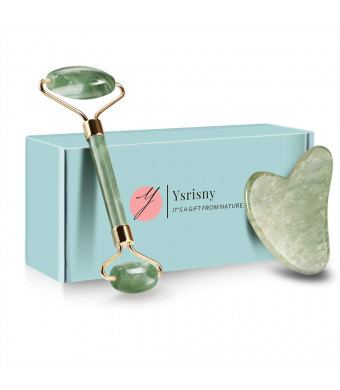 Ysrisny Jade Roller for Face and Gua Sha Set Face Roller Natural Jade Stone for Anti Aging,Eye Puffiness Wrinkles,Skincare Massage Tools for Face Eyes