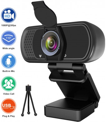 Webcam with Microphone, Hrayzan 1080P HD Webcam with Privacy Cover and Tripod, Streaming Computer Web Camera with 110-Degree Wide View Angle, USB PC Webcam for Video Calling Recording Conferencing