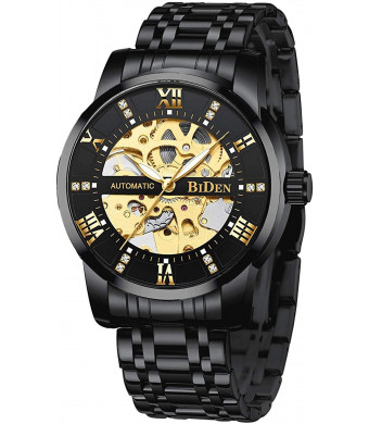 Delicate Skeleton Mechanical Watches for Men Automatic Slef-Wind Wrist Watch Luxury Stainless Steel Watch, Luminous Dial, 30M Waterproof