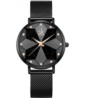 SK Ultra Thin Minialist Creative Starry Sky Women Watch with Genuine Leather Stainless Steel Mesh Band Floral Watch