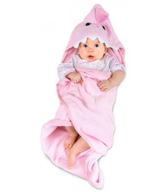 Hudz Kidz Hooded Baby Shark Towel, Soft 100% Cotton, Perfect for Newborn Through Toddler (Pink)