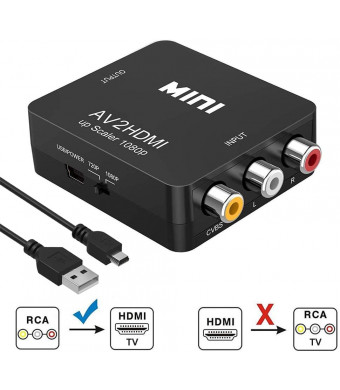 RCA to HDMI Converter, Runbod 1080P RCA Composite CVBS AV to HDMI Video Audio Converter Box for PS2 Wii Xbox VHS VCR Camera DVD Players, Support PAL/NTSC with USB Charge Cable