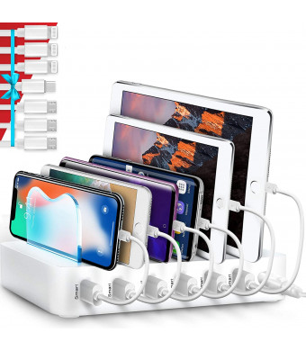 Poweroni USB Charging Station Dock - 6-Port - Fast Charge Docking Station for Multiple Devices - Multi Device Charger Organizer - Compatible with iPad iPhone and Android Cell Phone and Tablet - White