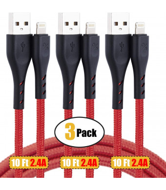 CyvenSmart 10 ft iPhone Charger Certified Lightning Cable 10 Foot,3 Pack, Red, Extra Long Nylon Braided ChargingandSyncing Cord Compatible with iPhone Xs/XR/XS Max/X/7/7Plus/8/8Plus/6S/6S Plus/5