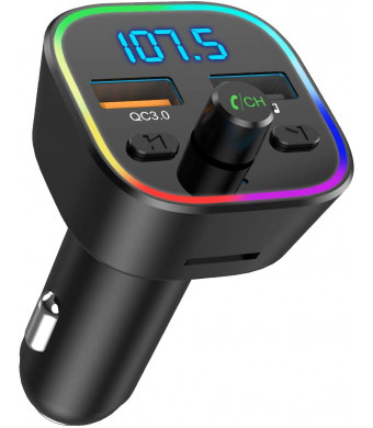 (2020 Upgraded New Version) V5.0 Bluetooth FM Transmitter for Car, 7 Color RGB LED Backlit Bluetooth Car Radio Adapter, QC3.0, Dual USB Ports Car Kit, Support USB Flash Drive, SD, Handsfree Car Kit