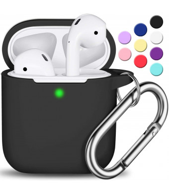AirPods Case Cover with Keychain, Full Protective Silicone AirPods Accessories Skin Cover for Women Girl with Apple AirPods Wireless Charging Case,Front LED Visible-Black