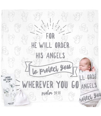 Christian Baby Swaddle Bible Quote Blanket and Cap Gift Set. Integrated Card, with Welcoming Prayer. For Christening, Baptism, Shower, Sentimental Receiving Blanket, Boy / Girl. Gift Card Not Required