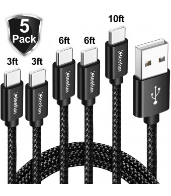 USB C Cable Durable Nylon Braided [5-Pack, 3/3/6/6/10 ft], CLEEFUN Fast Charge Type C Charger Charging Cord for Samsung Galaxy S8/S8 Plus, S9/S9 Plus, S10/S10 Plus, S10E, Note 10 10+ 5G/Note 9/Note 8