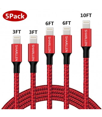 iPhone Charger Cable, 3/3/6/6/10FT SHARLLEN Nylon Braided Lightning Cord Durable USB Fast ChargingandSyncing Long iPhone Charging Cable Compatible iPhone XS/Max/XR/X/8/8P/7/7P/6/6P/6S/iPad 5Pack(Red)