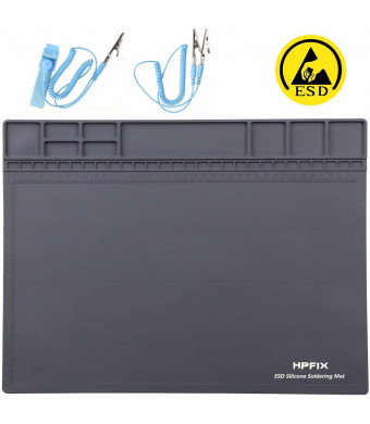 Anti-Static Mat ESD Safe for Electronic Includes ESD Wristband and Grounding Wire, HPFIX Silicone Soldering Repair Mat 932F Heat Resistant for iPhone iPad iMac, Laptop, Computer, 15.9 x 12 Grey