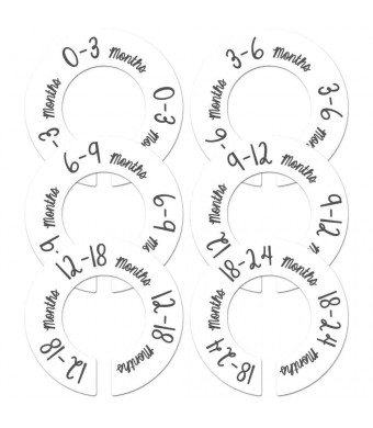 6 Baby Nursery Clothing Closet Size Dividers White Unisex Fits 1.5" Rod (Ranged Months)