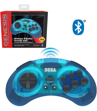 Retro-Bit Official Sega Genesis Bluetooth Controller 8-Button Arcade Pad for Nintendo Switch, Android, PC, Mac, Steam (Clear Blue)