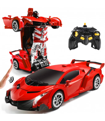 Jeestam RC Cars Robot for Kids Remote Control Transformrobot Car Toys with Gesture Sensing One-Button Deformation Auto Demo, 1:14 Scale 360 Rotation Light Music, Best Gift for Boys Girls (Red)