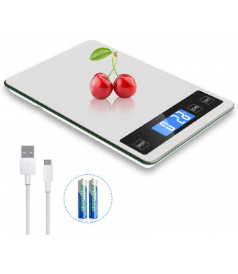 Zibet Rechargeable Digital Food Scale Kitchen Scale,15kg/33lb,6 Units,Tare Function,Auto off Touch Button,hook Degisn,Backlit LCD Display,Stainless Steel and Tempered Glass