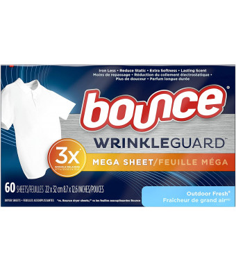 Bounce WrinkleGuard Mega Dryer Sheets, Fabric Softener and Wrinkle Releaser Sheets, Outdoor Fresh Scent, 120 Count (Pack of 2, 60 Count Each)
