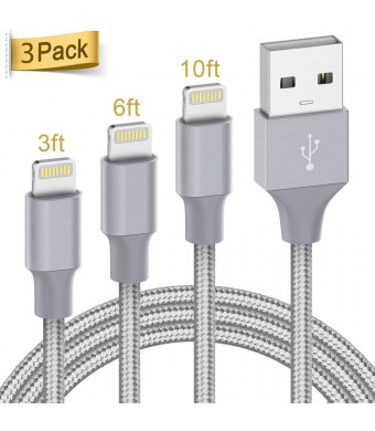 Lightning Cable Apple Certified - Quntis iPhone Charger 3Pack 3ft 6ft 10ft Nylon Braided USB Fast Charging Cord Compatible with iPhone 11 Pro X Xs Max XR 8 7 6 Plus iPad Pro Airpods and More, Gray