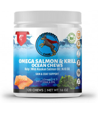 Wild Alaskan Salmon and Krill Oil Chews for Dogs | 120 Soft Treats | Omega 3 6 9 Fish Supplement with EPA, DHA for Itch Free Skin Coat Joints | Allergy Relief | Reduce Hair Shedding | Grain Free | USA