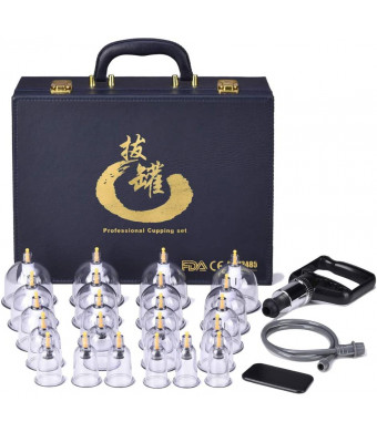 Cupping Set Professional Chinese Acupoint Cupping Therapy Sets Suction Hijama Cupping Set with Vacuum Magnetic Pump Cellulite Cupping Massage Kit 22-Cups PU Leather Case