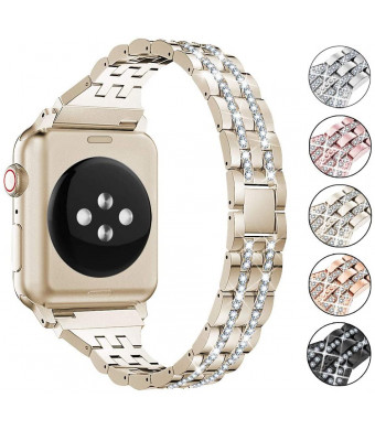 Supoix Compatible with Apple Watch Band 42mm 44mm 38mm 40mm, Women Jewelry Bling Diamond Rhinestone Replacement Metal Wristband Strap for iWatch Series 5/4/3/2/1(Champagne Gold)
