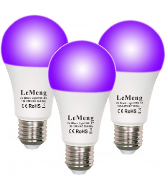 LeMeng LED Black Lights Bulb 9W Blacklight A19(75Watt Equivalent), E26 Medium Base 120V, UVA Level 395-400nm, Glow in The Dark for Blacklights Party, Body Paint, Fluorescent Poster- 3 Pack