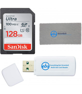 SanDisk 128GB SD Ultra Memory Card Works with Panasonic Lumix Digital Cameras (SDSDUNR-128G-GN6IN) Bundle with (1) Everything But Stromboli Card Reader and Micro Fiber Cloth