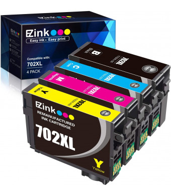 E-Z Ink (TM) Remanufactured Ink Cartridge Replacement for Epson 702XL T702XL 702 T702 to use with Workforce Pro WF-3720 WF-3730 WF-3733 Printer (1 Large Black, 1 Cyan, 1 Magenta, 1 Yellow, 4 Pack)