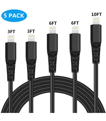 iPhone Charger Cable Fast Lightning Cable MFI Certified iPhone Cable Durable Lightning Charger 5Pack 3/3/6/6/10FT Charging and Syncing USB Cord Compatible iPhone XS/Max/XR/X/8/7P/iPad/iPod/IOS (Black)