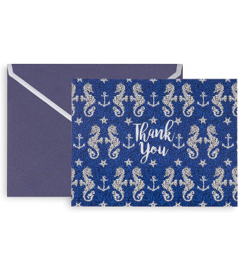 Vera Bradley Thank You Card Set of 10 with Colored Envelopes and Storage Box, Seahorse of Course