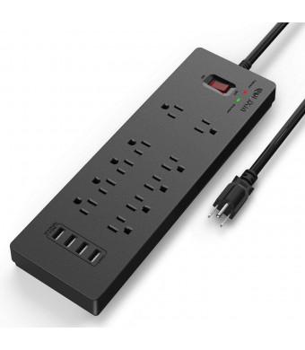Power Strip,QOLIXM Surge Protector with 10 AC Outlets and 4 USB Ports (5V/4.2A)1875W/15A,6 Feet Long Extension Cord for Multiple Devices Smartphone Tablet Laptop Computer