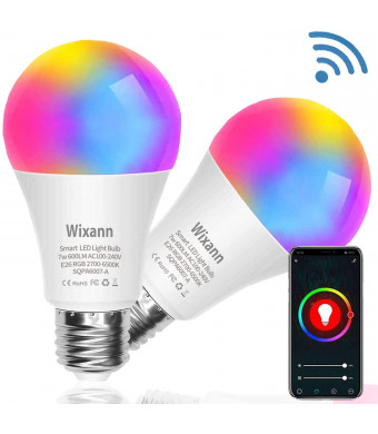 Wixann Smart WiFi LED Light Bulb, Compatible with Alexa Google Home Siri (No Hub Required), A19 E26 Multi Color Changing Bulb RGBCW 2.4G 7W 60W Equivalent 2 Pack