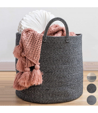XXL Premium Woven Basket 18"x18"x16" - Blanket Holder for Living Room - Large Baskets for Blankets-Black Basket- Decorative Rope Basket