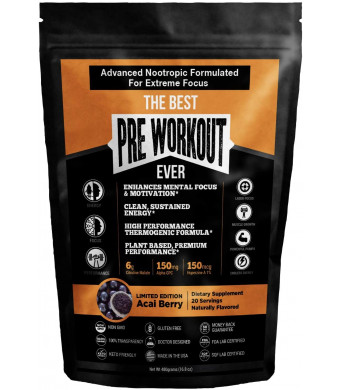The Best Pre Workout Ever All Natural Nootropic Preworkout Powder - Clean Energy Boost Focus and Strength - Muscle Builder Supplement for Men and Women - Keto Friendly Plant Based and Limited Acai Berry
