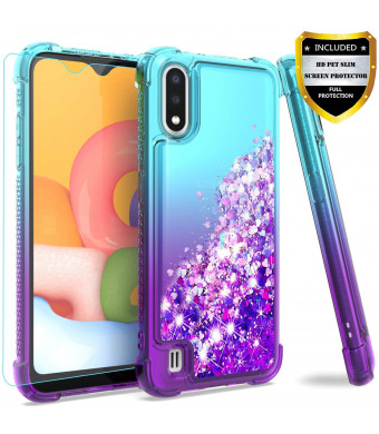 Galaxy A01 Case,with HD Screen Protector for Girls Women,M MAIKEZI Gradient Quicksand Glitter Bling Flowing Liquid Floating TPU Bumper Cushion Protective Cute Case for Samsung Galaxy A01(Teal Purple)