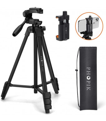 PHOPIK Lightweight Phone Tripod 55-Inch, Video Tripod with 360 Panorama and 1/4 Mounting Screw for Mirrorless/Gopro/DSLR Camera, Phone Holder for Smartphone, Max Load 6.6 Lbs, Carry Bag Inclued.