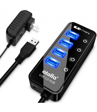 Powered USB Hub, atolla 4-Port USB 3.0 Hub with 4 USB 3.0 Data Ports and 1 USB Smart Charging Port, USB Splitter with Individual On/Off Switches and 5V/3A Power Adapter
