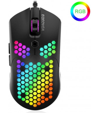 EQEOVGA D10 RGB Lightweight Gaming Mouse 12000DPI Optical Sensor with Lightweight Honeycomb Shell Ultralight Ultraweave Cable (65G)-Black