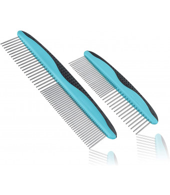Pets First 2 Pack DOG COMB Small and Large PET COMB Included for Both Small and Large Breed sizes and Areas. PREMIUM Anti-Slip Comfort Grip Ergonomic Handle for Your Dog and Cat with DURABLE STAINLESS-STEEL