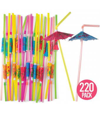 Prextex 220 Umbrella Drinking Straws - Bulk Pack of 220 Assorted Color Bendable Party Straws with Parasol Detail for Party Drinkware and Decoration