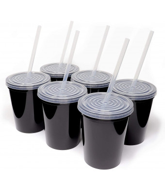 Rolling Sands 16oz Reusable Plastic Stadium Black Cups with Lids, 6 Pack, USA Made; Plastic Tumblers and Lids, Includes 6 Reusable Straws; Top Shelf Dishwasher
