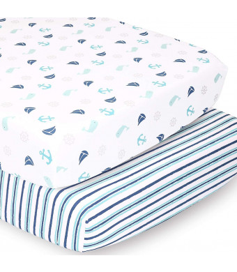 The Peanutshell Nautical and Striped Crib Sheets for Baby Boys or Girls | 2 Pack Set
