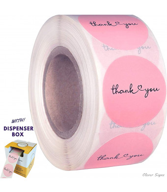Thank You Stickers | 1.5 inches 1000 Pink Stickers | Dispenser Box | Unique Desing Thank You Stickers Roll | Great for Thank You Cards, Wedding Favors, Birthday, Baby Shower, Mailing Bags